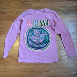 Nirvana Band T-Shirt Long Sleeve Pink Tee Smile Size M